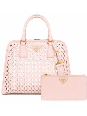 Vintage Blush Pink Perforated Saffiano Structured Satchel Bag + Wristlet